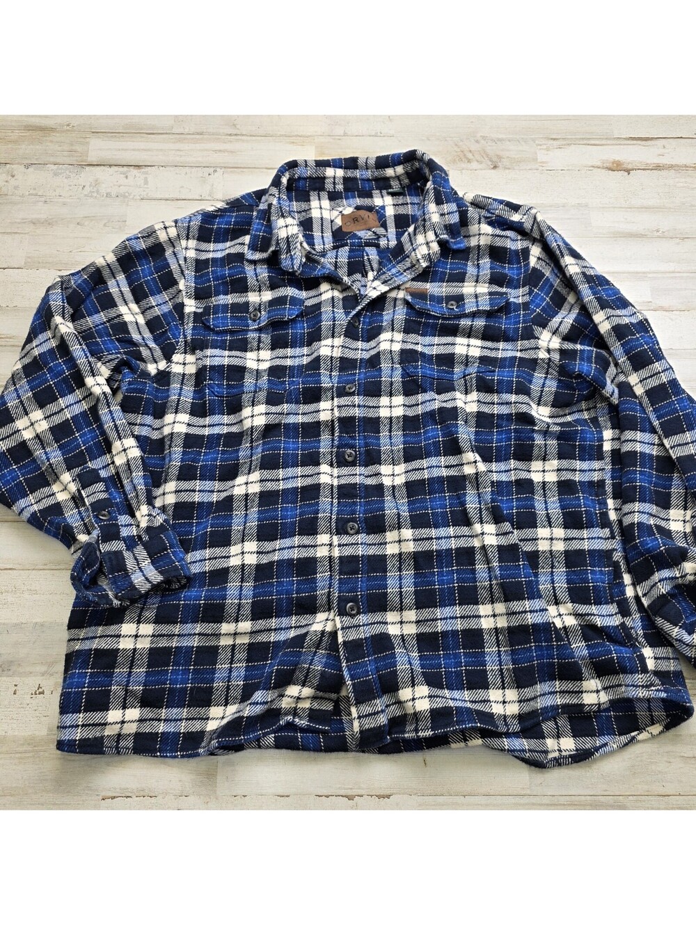Orvis Mens XXL Heavy Flannel Jacket Shirt XL Blue Plaid Button Up Shacket